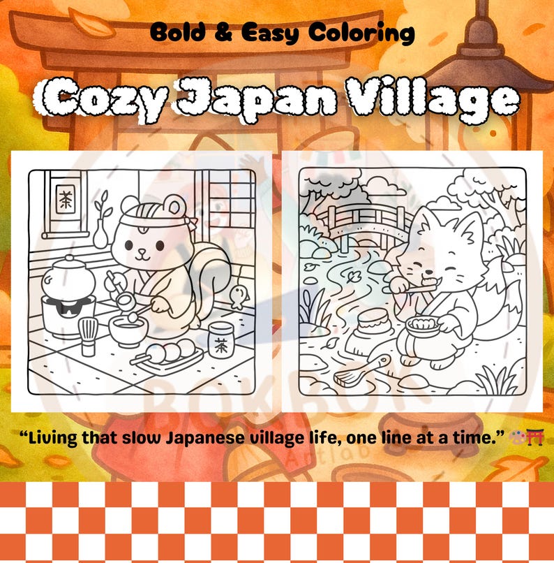 Pu&ograve; includere: Un libro da colorare intitolato "Cozy Japan Village" con illustrazioni in bianco e nero. La copertina presenta uno scoiattolo e una volpe in ambientazioni tradizionali giapponesi. Il testo include "Bold & Easy Coloring" e una citazione: "Living that slow Japanese village life, one line at a time."