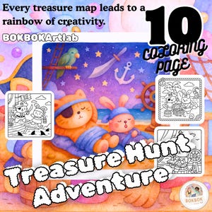 Könnte beinhalten: Eine farbenfrohe Illustration mit dem Text "Treasure Hunt Adventure" und "10 Coloring Page". Das Bild zeigt ein Piraten-Thema mit Zeichentricktieren, einem Papagei, einem Anker und einem Steuerrad. Der Text "Every treasure map leads to a rainbow of creativity" ist ebenfalls vorhanden.