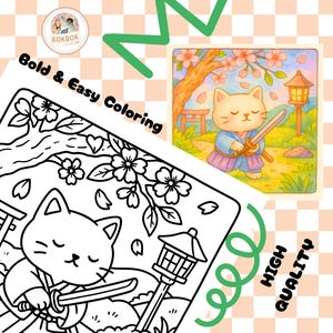 Pu&ograve; includere: Una pagina da colorare con un gatto samurai dei cartoni animati che tiene una spada. Include il testo "Bold & Easy Coloring" e "High Quality". Una piccola illustrazione a colori mostra un gatto samurai sotto un albero di fiori di ciliegio.