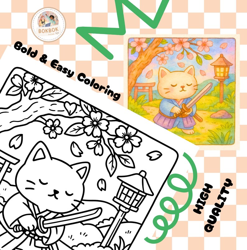 Pu&ograve; includere: Una pagina da colorare con un gatto samurai dei cartoni animati che tiene una spada. Include il testo "Bold & Easy Coloring" e "High Quality". Una piccola illustrazione a colori mostra un gatto samurai sotto un albero di fiori di ciliegio.