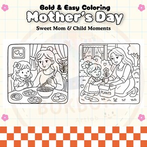 May include: Black and white coloring page featuring two scenes of a mother and child. The first scene shows a mother and child sitting at a table eating. The second scene shows a mother and child planting a flower.