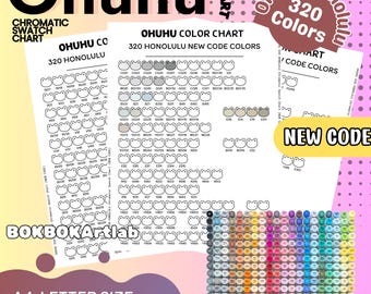 May include: A collection of Ohuhu color charts and markers. The charts display 320 Honolulu new code colors, with a chromatic swatch chart. The image includes the text "Ohuhu Color Chart" and "A4, Letter Size, Printable PDF/PNG."