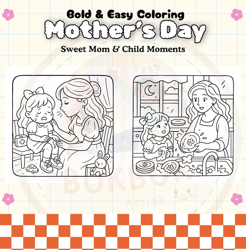 May include: Black and white coloring page featuring two illustrations of a mother and child. The first illustration shows a mother comforting a child with a bandage on their knee. The second illustration shows a mother and child washing dishes together.