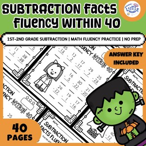 Pode incluir: Um conjunto de fichas de matemática intituladas Subtraction Facts Fluency Within 40, com subtrações para o ensino básico, uma personagem de desenho animado e um monstro verde com uma abóbora. Inclui chave de respostas e 40 páginas.