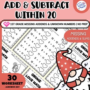 May include: A set of 30 worksheets for 1st grade math, focusing on addition and subtraction within 20. The worksheets feature heart-shaped visual aids and gnome-themed illustrations. The title reads "Add & Subtract Within 20".