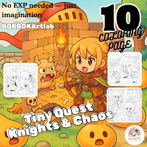 Kleine Suche: Ritter und Chaos | Chibi Fantasy-Rollenspiel Färbung | Zauberhafter Dungeon | Ork | Druckbare Abenteuer Seiten | Digitaler Download für Kinder