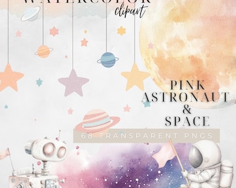 Watercolor Pink Astronaut and Planets cilpart, Galaxy, Nursery Space Decor, Astronauts wall art, Nursery Art, PNG file