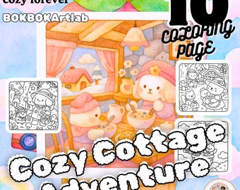 Dibujos para colorear de animales kawaii: Escenas acogedoras de estilo cottagecore (Descarga digital)