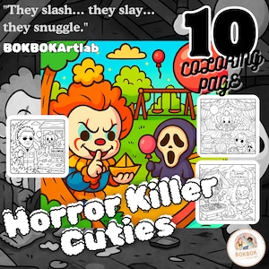 Kolorowanki Killer Cuties | Ikony horrorów w stylu Kawaii | Słodkie sceny slasherów do wydrukowania | Straszny, słodki Halloween PDF | Zabawny horror