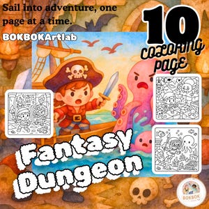 Może przedstawiać: Kolorowa ilustracja do kolorowanki zatytułowanej "Fantasy Dungeon". Obraz przedstawia postać pirata, ośmiornicę i przykładowe strony do kolorowania. Tekst zawiera "Sail into adventure, one page at a time" i "10 coloring page."
