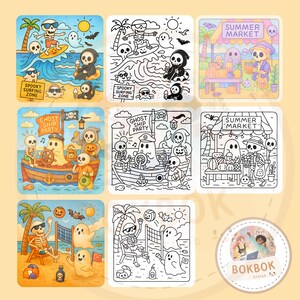 Puede incluir: Un conjunto de seis p&aacute;ginas para colorear con esqueletos y fantasmas disfrutando de actividades de verano como surf, vela y voleibol. Las p&aacute;ginas est&aacute;n dise&ntilde;adas para ni&ntilde;os e incluyen el texto "Spooky Surfing Zone", "Ghost Ship Party" y "Summer Market".