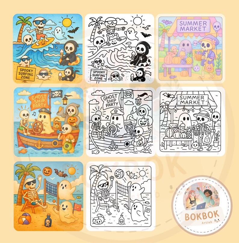Puede incluir: Un conjunto de seis p&aacute;ginas para colorear con esqueletos y fantasmas disfrutando de actividades de verano como surf, vela y voleibol. Las p&aacute;ginas est&aacute;n dise&ntilde;adas para ni&ntilde;os e incluyen el texto "Spooky Surfing Zone", "Ghost Ship Party" y "Summer Market".