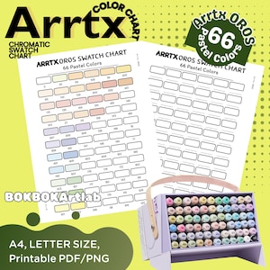 May include: A collection of Arrtx OROS pastel color markers in a light purple case, with a color chart and the text "Arrtx OROS Swatch Chart 66 Pastel Colors". The chart is A4, letter size, and printable PDF/PNG.