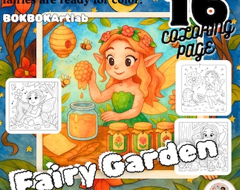 May include: A vibrant illustration of a fairy with orange hair and a green dress, with bees and honey. The image includes the text "Fairy Garden" and "16 Coloring Page". The artwork is from BOKBOKArtlab.