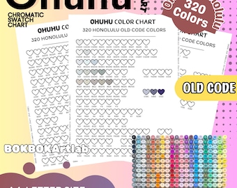 May include: A color chart with the text "Ohuhu" and "320 Honolulu Colors." The chart includes color swatches, a chromatic swatch chart, and the text "A4, Letter Size, Printable PDF/PNG."