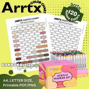 Puede incluir: Juego de 120 rotuladores acrílicos Arrtx con una carta de colores. Los rotuladores están en una caja rosa con un diseño a juego en rosa y amarillo. La carta de colores es de tamaño A4 y se puede imprimir en PDF/PNG.
