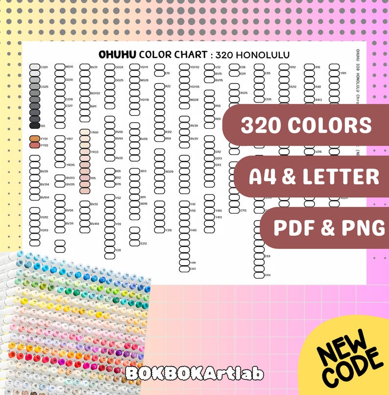 320 Color Chart Ohuhu Honolulu 320 Marker Swatch Chart: Chromatic Color Guide New Codes ...