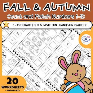 Könnte beinhalten: Ein Set aus 20 Arbeitsblättern mit dem Titel FALL & AUTUMN Count and Match Numbers 1-10. Die schwarz-weißen Seiten enthalten Ausschneide- und Einklebeübungen mit Illustrationen von Eicheln, Körben und Tieren sowie eine Hasen-Grafik.