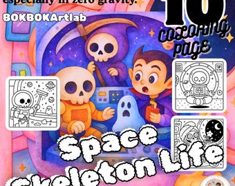 Målarbilder med rymdskelett: Rolig kawaii-konst med astronauter (PDF-nedladdning)