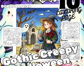 Gothic Halloween Coloring Pages | Spooky Kawaii Art (PDF)