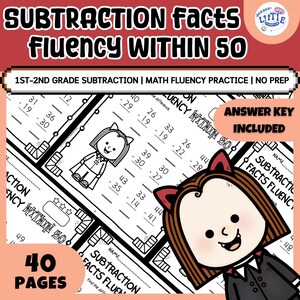 Pode incluir: Um conjunto de 40 fichas de exercícios de matemática intituladas Subtraction Facts Fluency Within 50. As páginas a preto e branco apresentam problemas de subtração, um espaço para o nome e uma personagem de desenho animado com orelhas de gato.