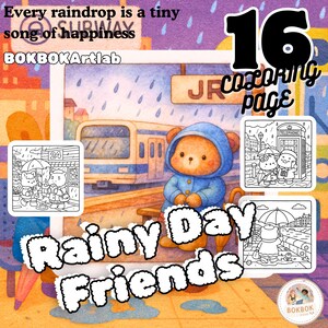 Rainy Day Friends Coloring Pages | Cozy Kawaii Animal Scenes | Cute Rain Umbrella Activity for Kids & Adults | Relaxing Autumn Weather PDF