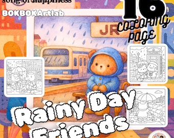 Pagine da colorare kawaii con animali nei giorni di pioggia: PDF autunnale accogliente (8,5x8,5 pollici)