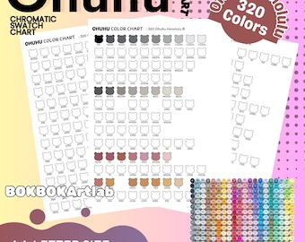 May include: A color chart for Ohuhu markers, featuring 320 colors. The chart includes a chromatic swatch chart and the text "Ohuhu Honolulu 320 Colors". The chart is A4 and letter size, printable in PDF/PNG format.