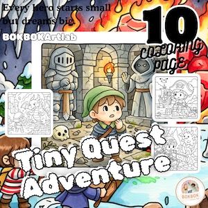 May include: A colorful illustration featuring the text "Tiny Quest Adventure" and "10 coloring pages." The image includes cartoon characters in a fantasy setting, with a knight, a hooded figure, and a pirate. The text "Every hero starts small but dreams big" is also present.