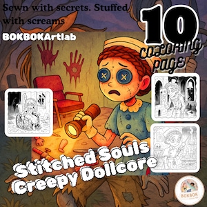 Stitched Souls: Straszne, słodkie kolorowanki Dollcore | Nawiedzone dziewczyny w scenach gotyckiego horroru | Koszmary | Sewn Sinister | Pobieranie cyfrowe