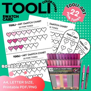 May include: An image featuring a swatch card with 22 pink tones in heart shapes, alongside a box of 22 acrylic paint pens. The text on the card reads "TOOLI-ART SWATCH CHART 22 PINK TONES". The image also includes two pink pens. The card is A4 size.