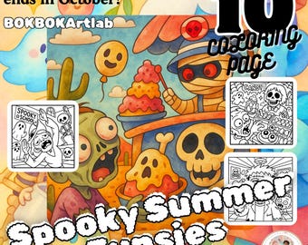 Dibujos para colorear de Halloween: Diversión espeluznante de verano (Descarga digital)