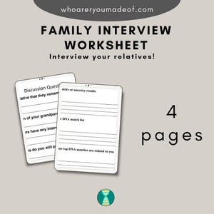 Könnte beinhalten: Ein schwarz-weißes druckbares Arbeitsblatt mit dem Titel "Familieninterview-Arbeitsblatt" und dem Text "Interviewen Sie Ihre Verwandten!"  Das Arbeitsblatt hat einen Abschnitt für "Diskussionsfragen" und einen Abschnitt für "Ethnizität oder Abstammungsergebnisse".  Das Arbeitsblatt soll Menschen helfen, mehr über ihre Familiengeschichte zu erfahren.