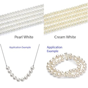 May include: Two strands of white pearls, one in pearl white and one in cream white. The image also shows two application examples of the pearls, one as a necklace and one as a bracelet.