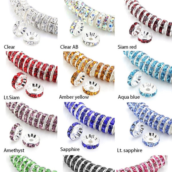 U Pick 100 pièces A Qualité Argent Strass Rondelle En Laiton Entretoise Rouge Jaune Bleu Vert Rose Rose Noir Cristal 5 mm 6 mm 8 mm 10 mm 12 mm CF1