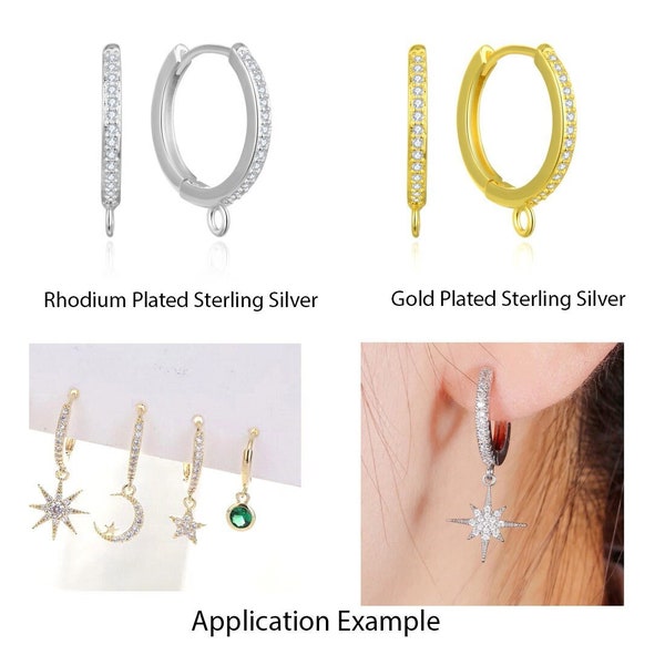 U Pick 4pcs Authentic Sterling Silver Round Huggies Hoop CZ Cubic Zirconia Gemstone Lever Back Earring Hook Earwire Connector Jewelry Making