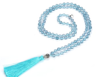 1pc Premium 108 Mala Beads Necklace Natural Light Blue Topaz Healing Crystal Chakra Stone Tibetan Buddhist Prayer Japa Tassel Mantra Jewelry