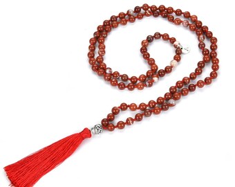 1pc 108 Mala Beads Necklace Natural Red River Jasper Healing Crystal Chakra Stone Tibetan Buddhist Prayer Japa Bead Tassel Mantra Jewelry