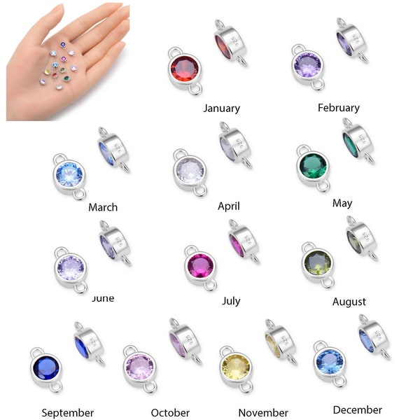 Pick 2pc Authentic 925 Sterling Silver Birthstone Link 6mm Small Cubic Zirconia Gemstone Charm Connector Women Girl Teen Men Jewelry Making