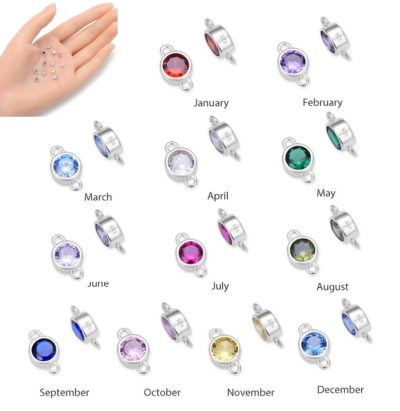 Pick 2pc Authentic 925 Sterling Silver Birthstone Link 4mm Small Tiny Cubic Zirconia Gemstone Charm Connector Women Girl Men Jewelry Making image 1