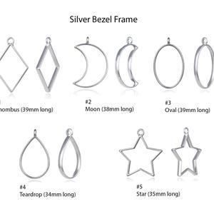 May include: Ten silver bezel frames in different shapes, including a rhombus, moon, oval, teardrop, and star. The frames are all approximately 35-39 mm long.