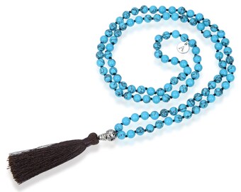 1pc Premium 108 Mala Beads Necklace Natural Blue Howlite Healing Crystal Chakra Stone Tibetan Buddhist Prayer Japa Mala Bead Tassel Jewelry