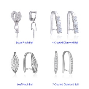 May include: Four different types of silver-toned jewelry bail clasps. The top left shows a swan pinch bail, the top right shows a 4 created diamond bail, the bottom left shows a leaf pinch bail, and the bottom right shows a 7 created diamond bail.