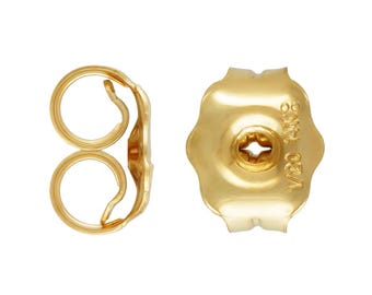 May include: Gold earring backs with a butterfly design. The back of the earring back is stamped with "1/20 14K".