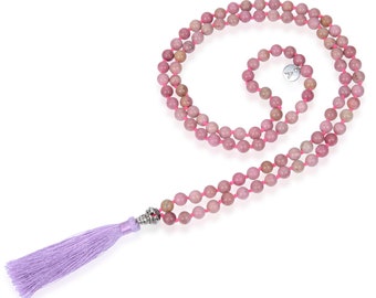 1pc Premium 108 Mala Bead Necklace Natural Pink Rhodonite Healing Crystal Chakra Stone Tibetan Buddhist Prayer Japa Mala Bead Tassel Jewelry