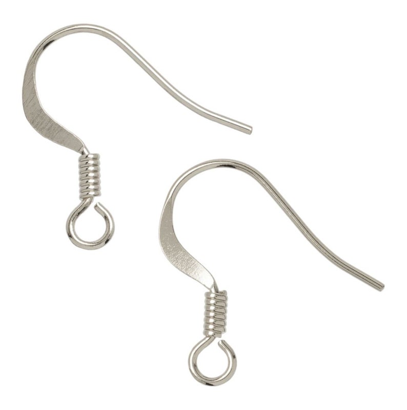 May include: Two silver earring hooks with a spring clasp. The hooks are made of metal and have a smooth finish.