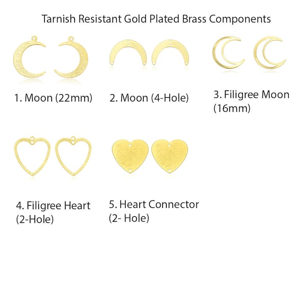 U Pick 10pcs Tarnish Resistant Moon Heart Charm Pendant Connector Gold Plated Textured Brass Component For Earrings Necklace Jewelry Making