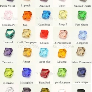 May include: Assortment of 6mm bicone beads in various colours, including purple, peach, amethyst, violet, smoked quartz, rosaline, sun, capri blue, jonquil, fern green, emerald, gold champagne, lt. siam, lt. padparadscha, lt. sapphire, tanzanite, amber, aqua blue, m. topaz, silver champagne, lt. olive, m. sapphire, siam/red, peridot green, dark indigo, crystal clear, d. violet, khaki, crystal AB, and jet.
