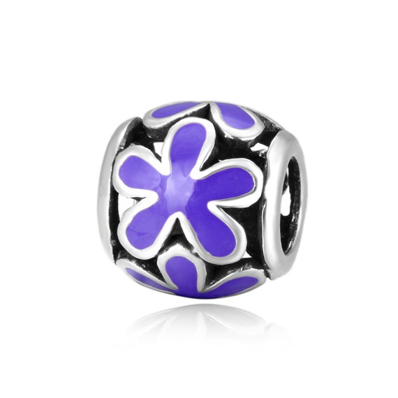 1個 本物の925スターリングシルバー パープルブルー エナメルフラワー Purple flower チャームバングル