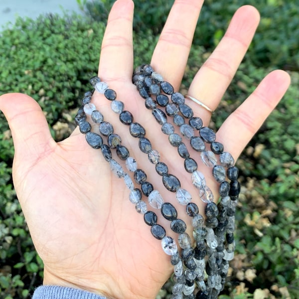 1 Strand/15" Natural Grade A Black Quartz Rutilated Healing Gemstone 6mm to 8mm Free Form Oval Tumbled Pebble Stone Bead for Jewelry Making